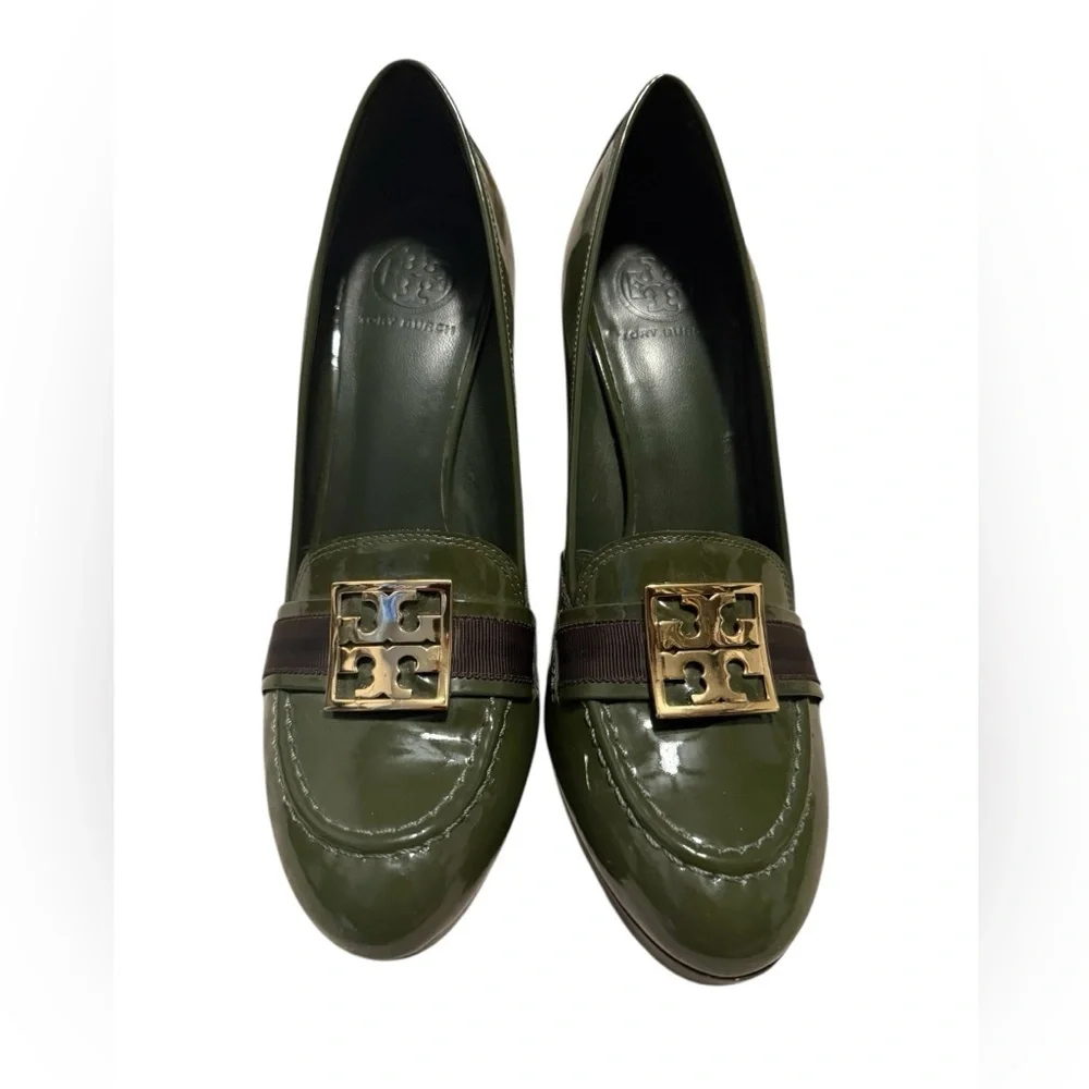 Tory Burch Olive Green Patent Leather Heeled Loafer Size 9.5 - Picture 2 of 9